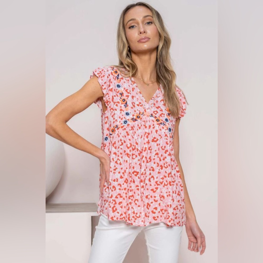 Animal Print V-Neck Flutter Sleeve Top